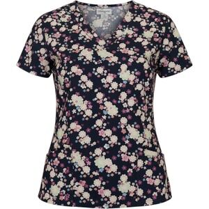 Butter-Soft Womens V-Neck Floral Scrub Top Navy Blue Pink Large TS697